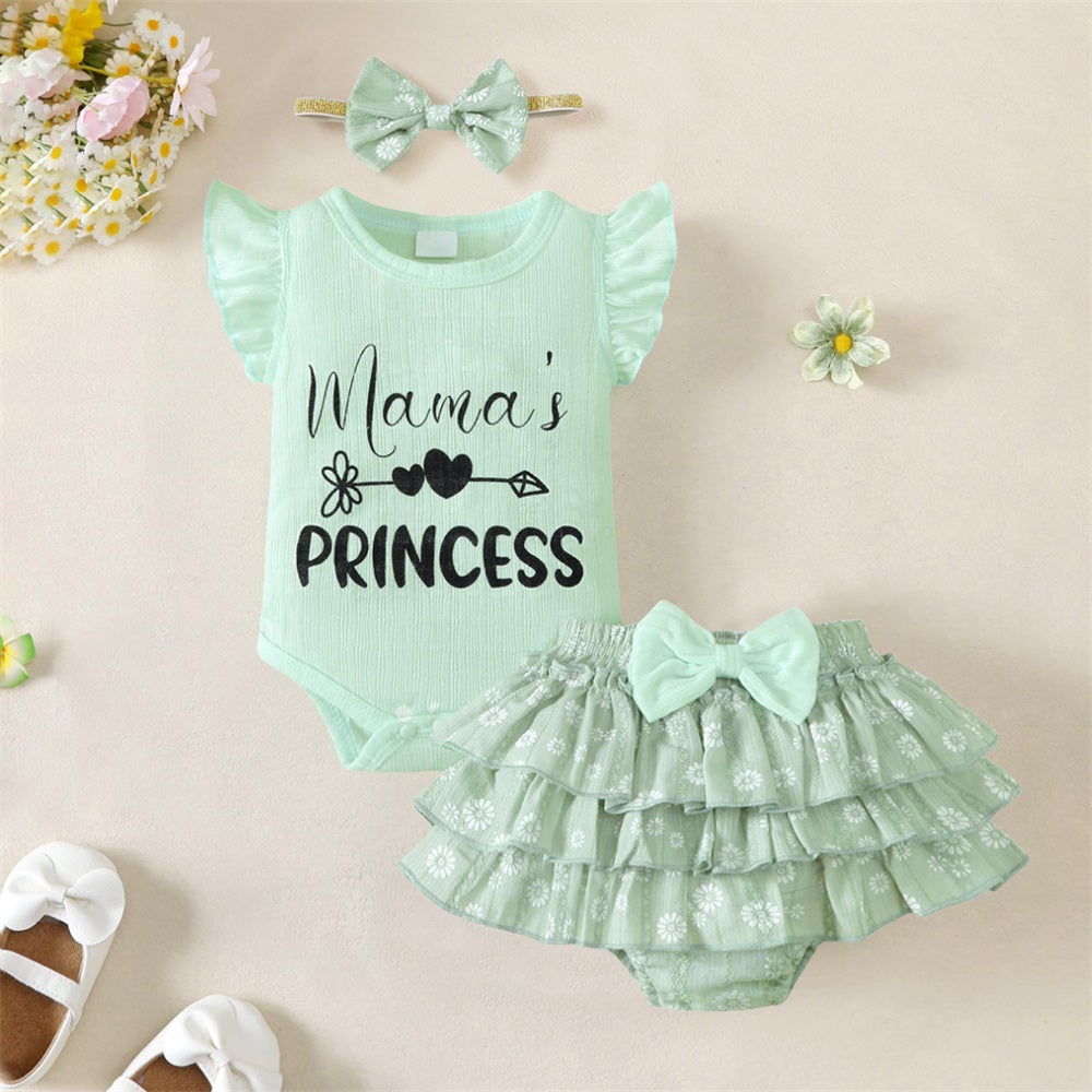 3PCS Mama's Princess Letter Floral Printed Fly Sleeve Baby Set