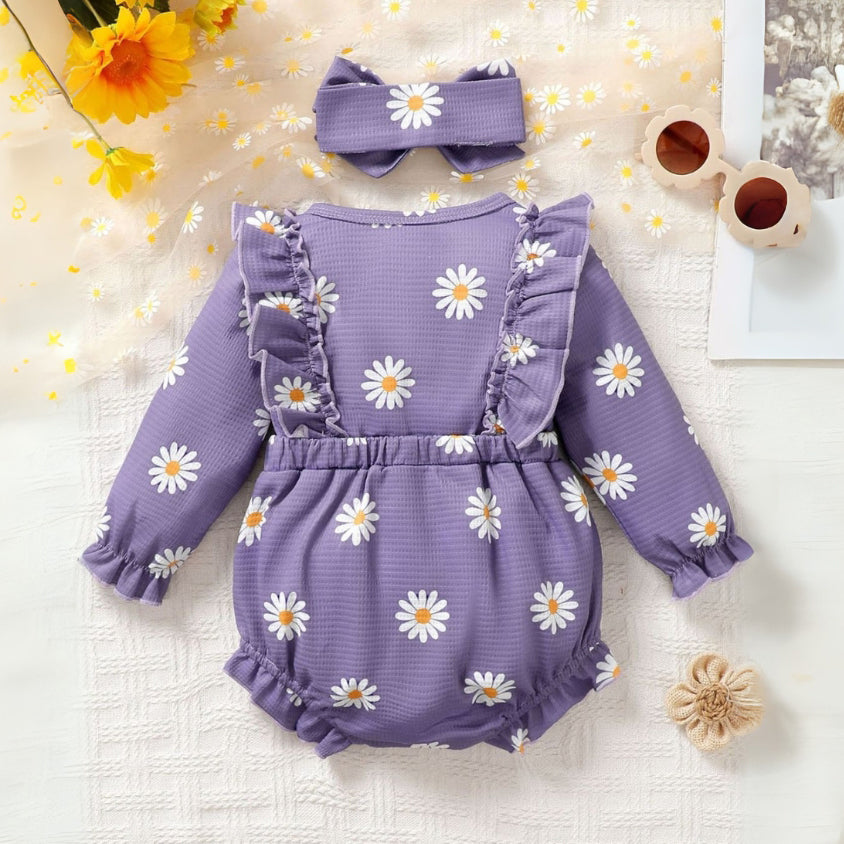 2PCS Stylish Daisy Print Long Sleeve Baby Romper