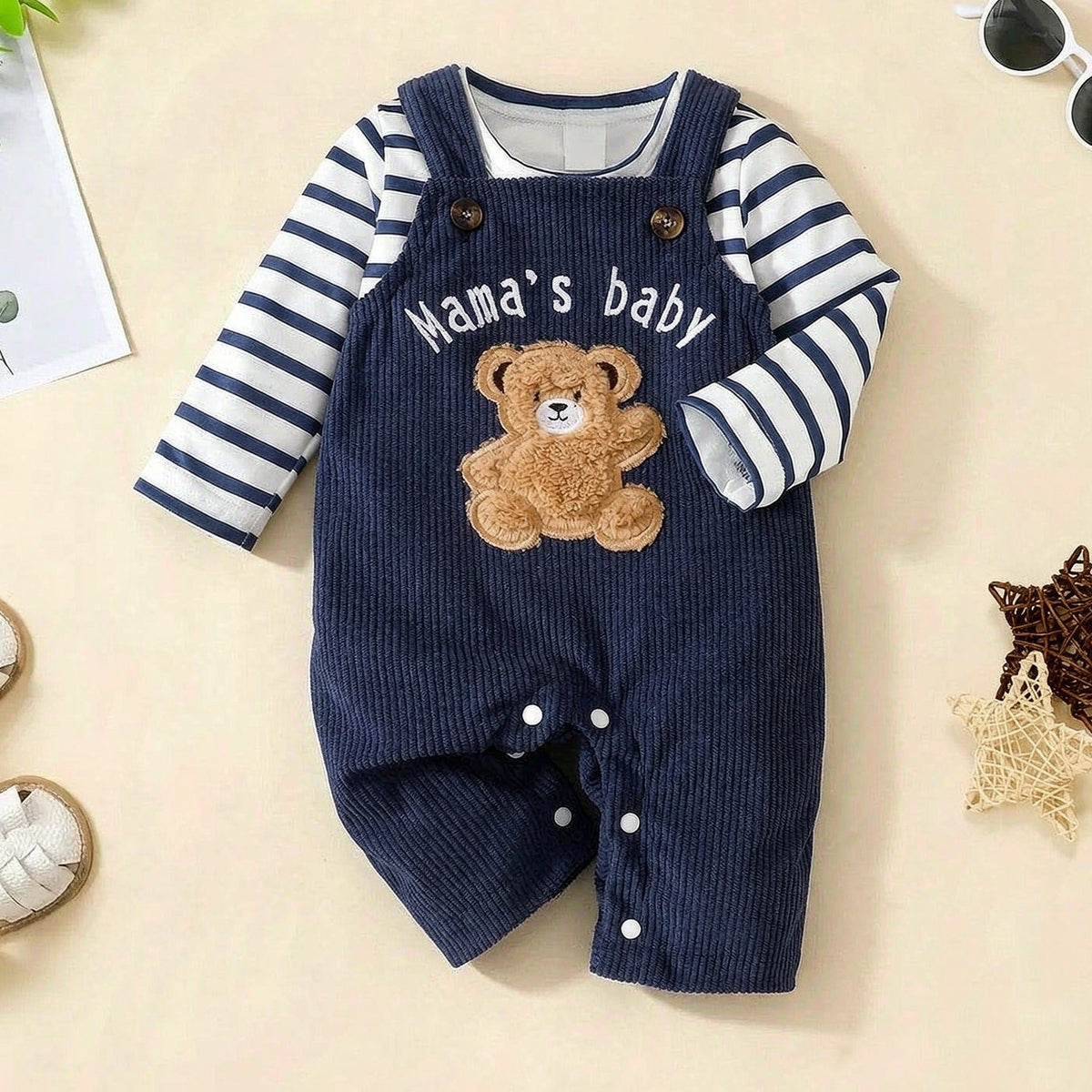 2PCS Mama's Baby Letter Bear Stripe Print Baby Boy Corduroy Overalls Set