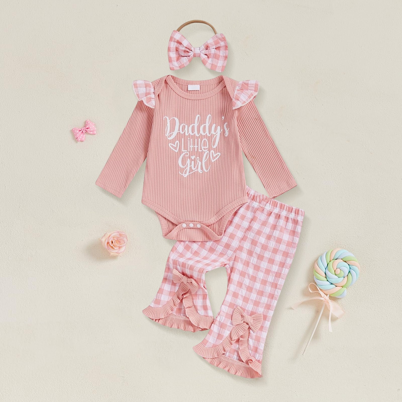 3PCS Daddy's Little Girl Letter Plaid Printed Baby Set
