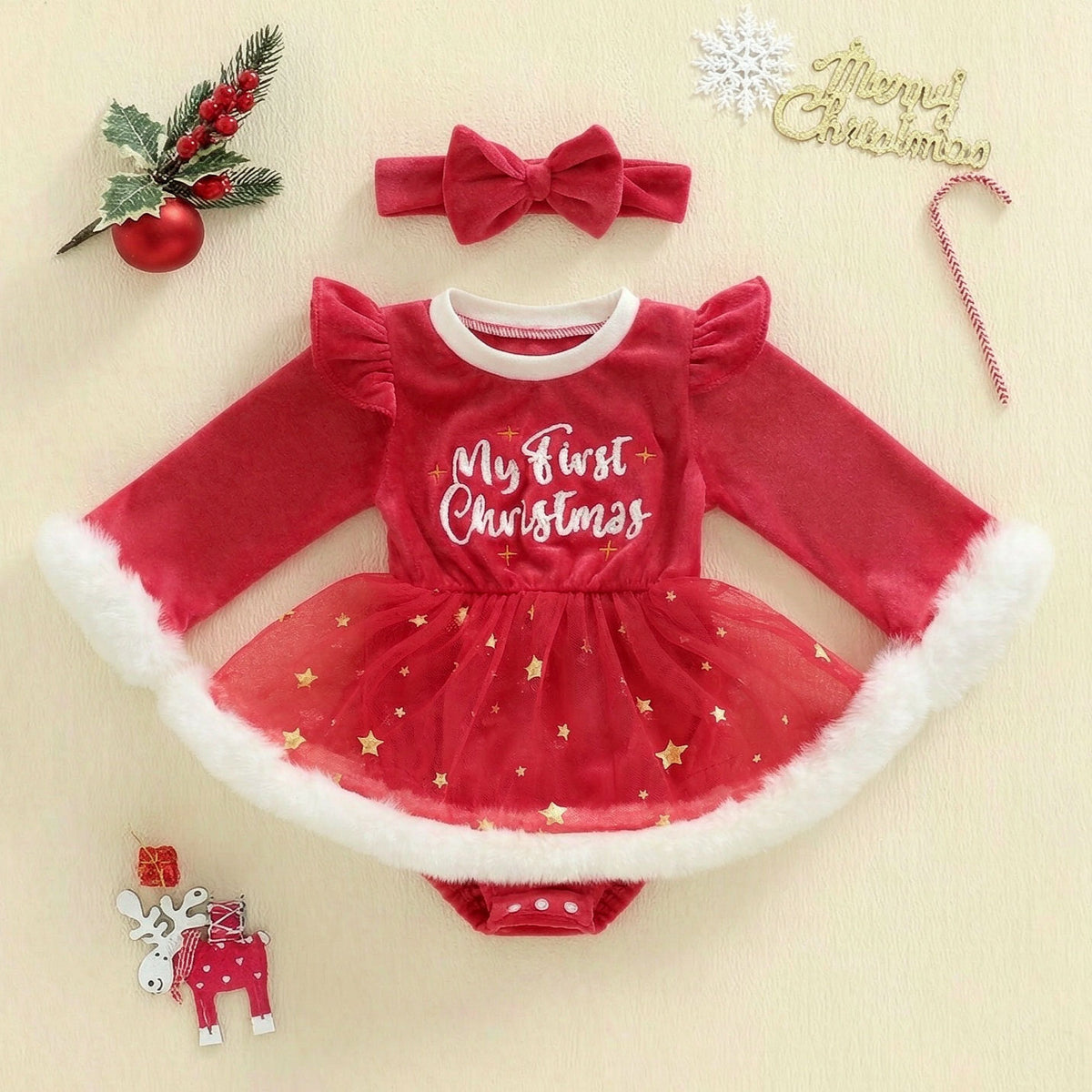 2PCS Christmas Star Print Velvet Fuzzy Baby Romper