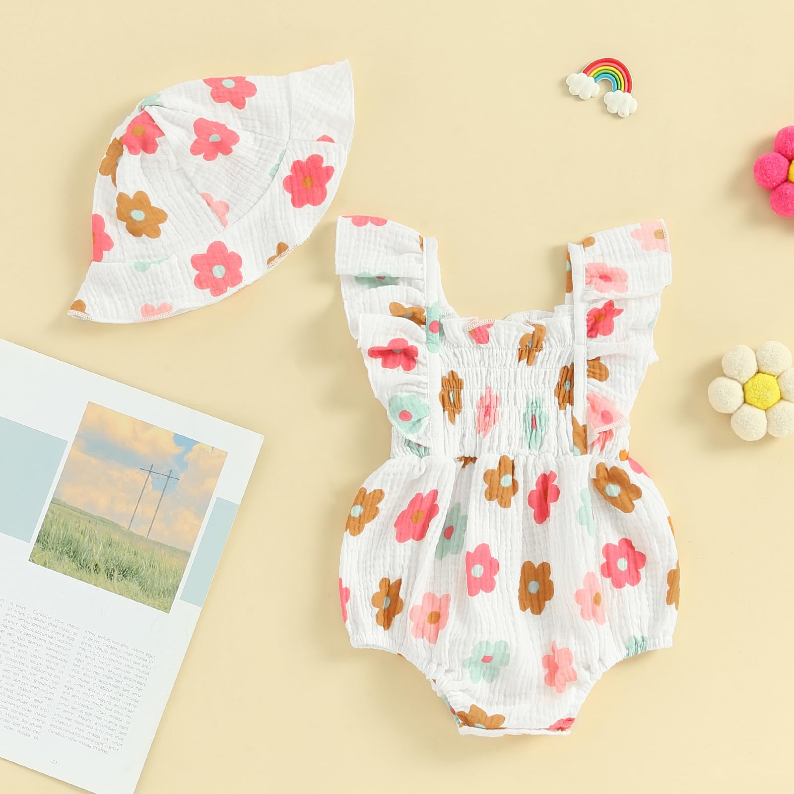 2PCS Cute Floral Printed Ruffles Sleeveless Baby Romper