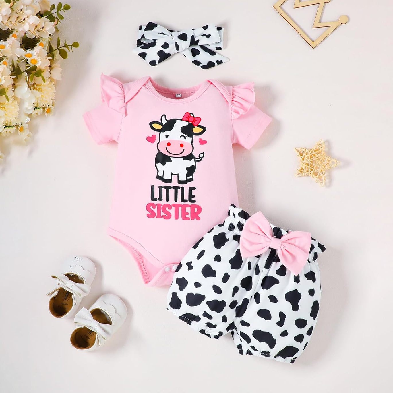 3PCS Lovely Llittle Sister Letter Cow Printed Short Sleeve Baby Set