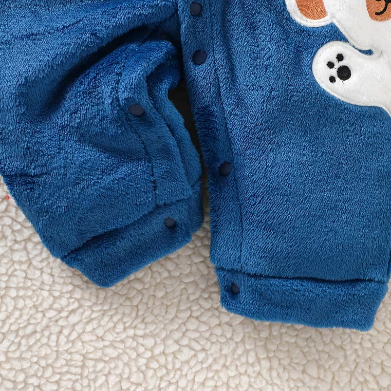 Fuzzy Bear Applique Long Sleeve Baby Hoodie Jumpsuit