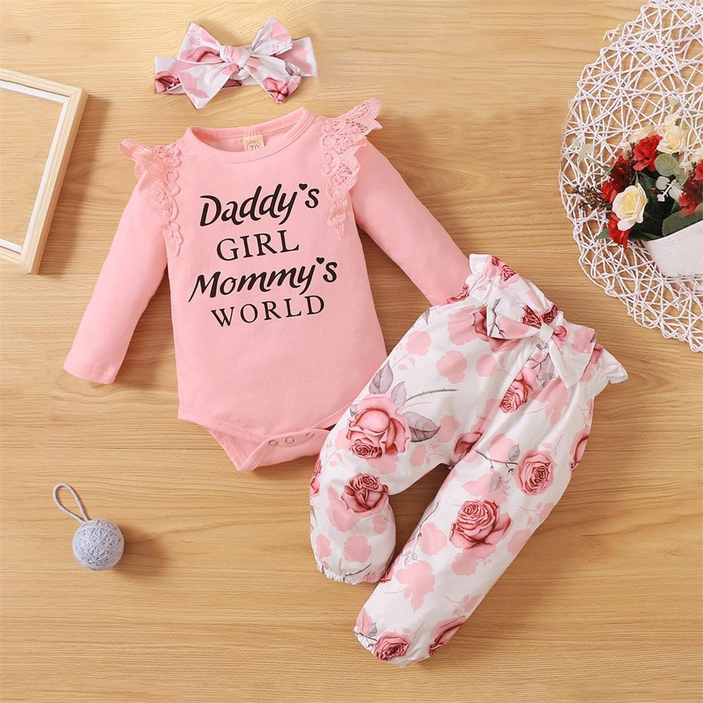 3PCS Daddy's Girl Mommy's World Letter Floral Print Long Sleeve Baby Set