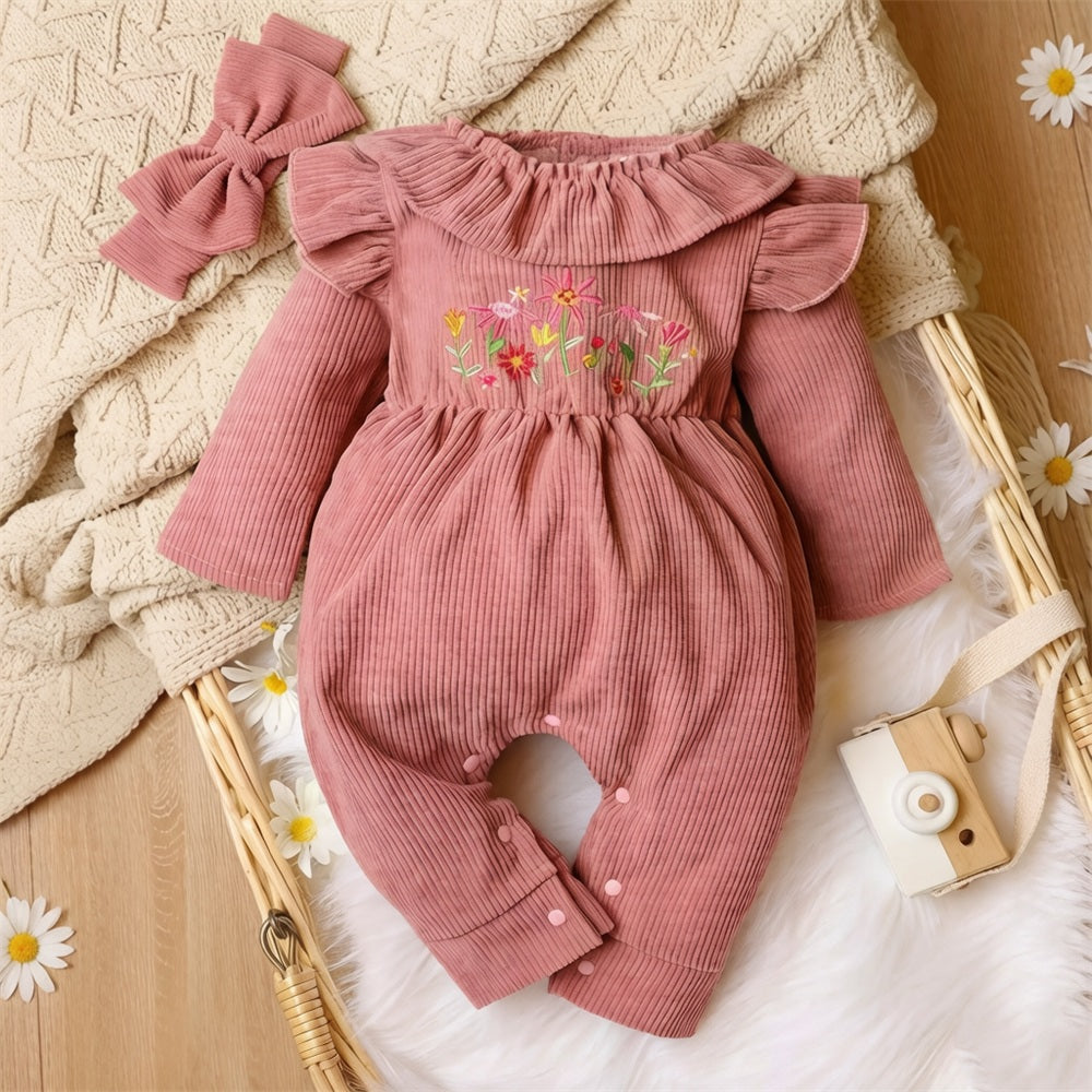 2PCS Charming Floral Embroidery Long Sleeve Baby Jumpsuit