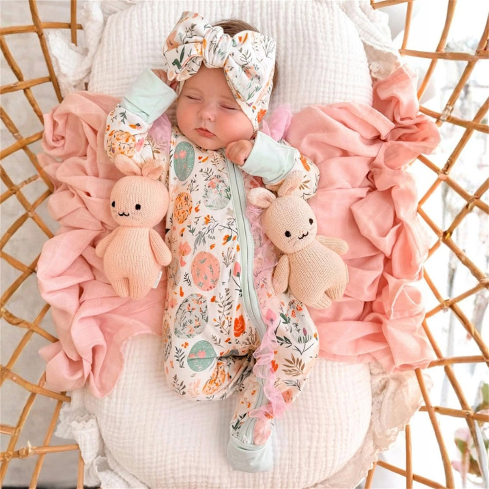 2PCS Pretty Floral Printed Long Sleeve Lace Trim Baby Jumpsuit