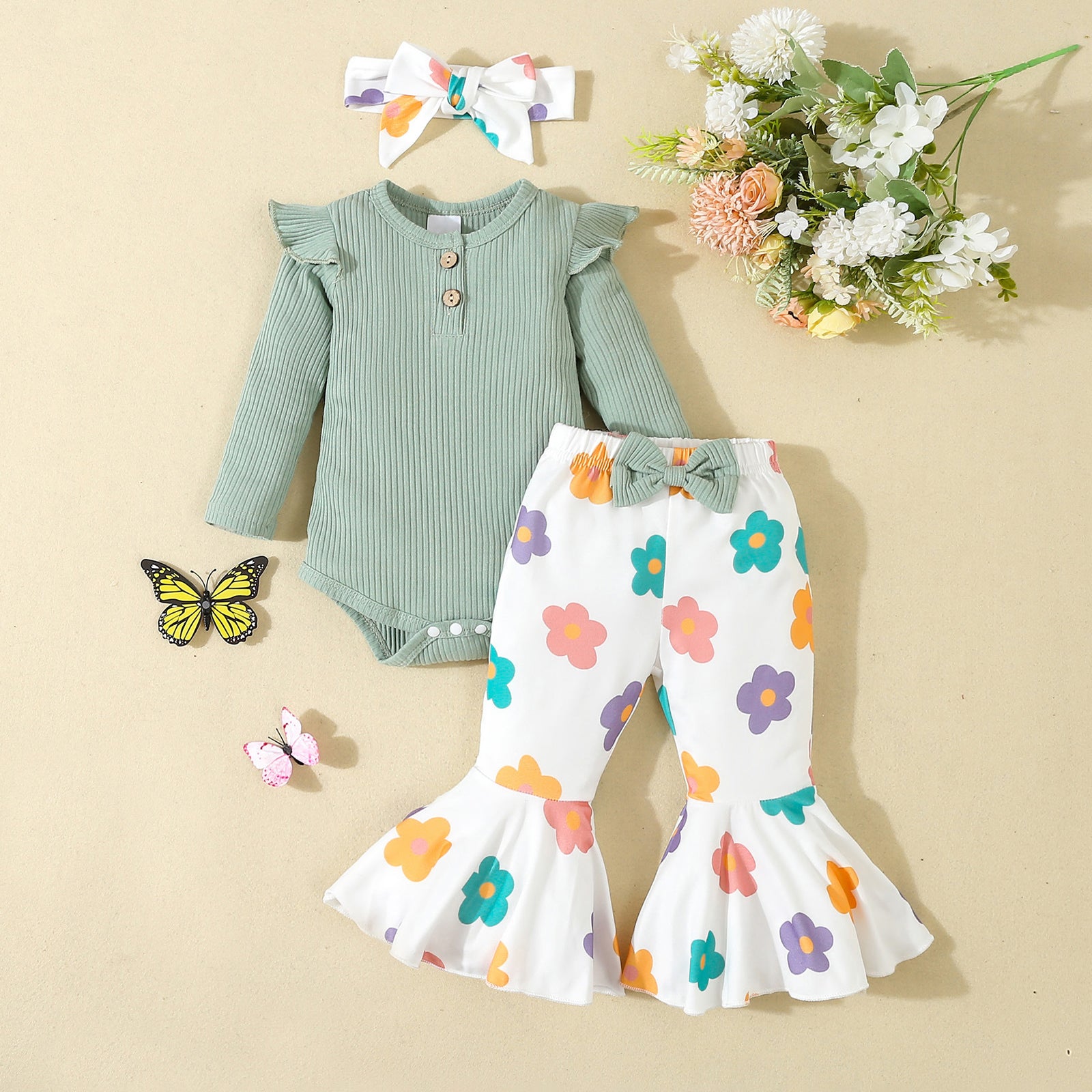 3PCS Pretty Floral Printed Long Sleeve Flare Pants Baby Set