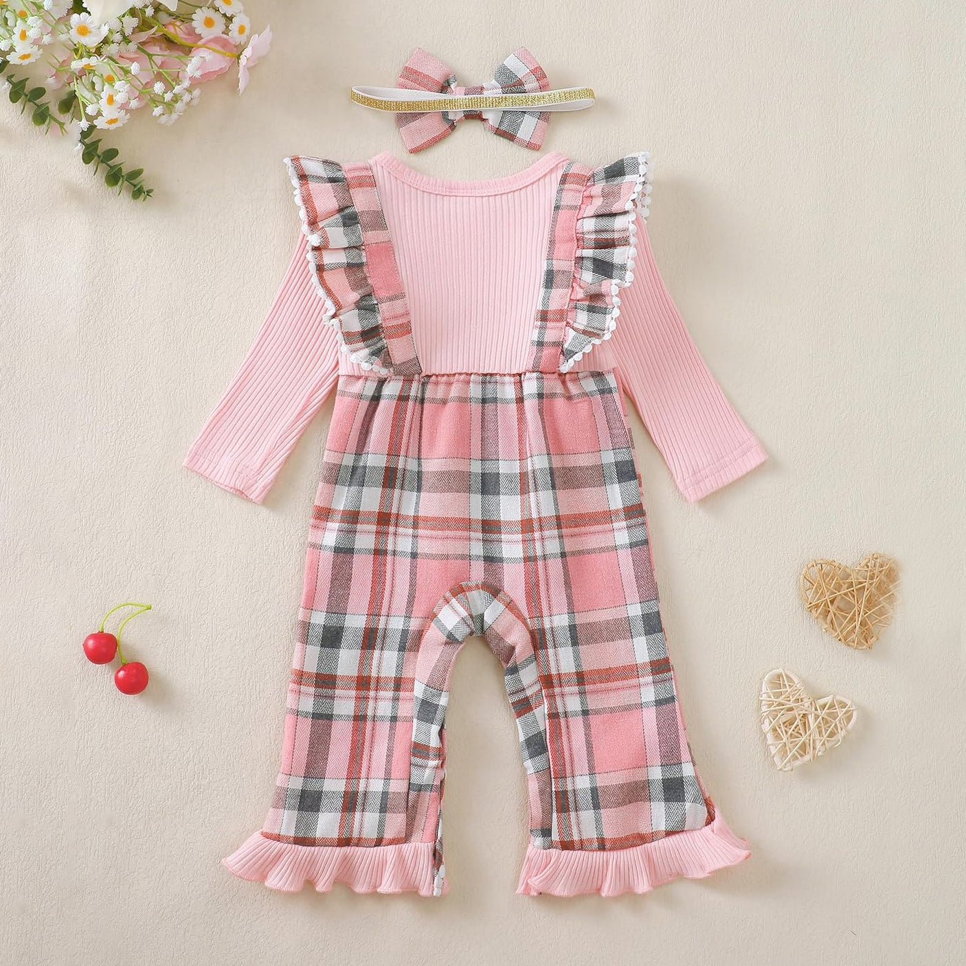 2PCS Home Is Where Your Mom Is Letter Plaid Printed Baby Jumpsuit