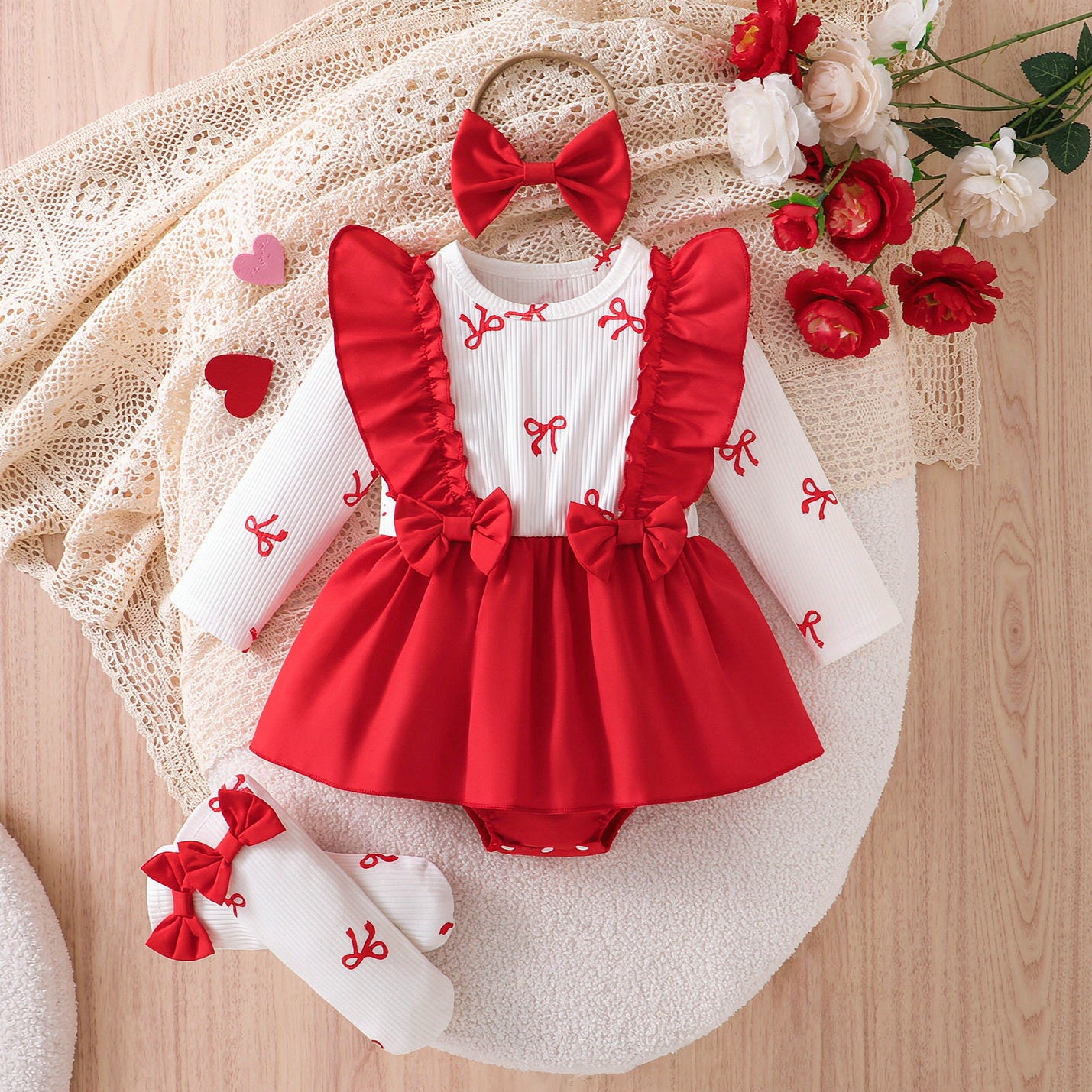 3PCS Pretty Bow Print Ruffle Long Sleeve Baby Girl Romper
