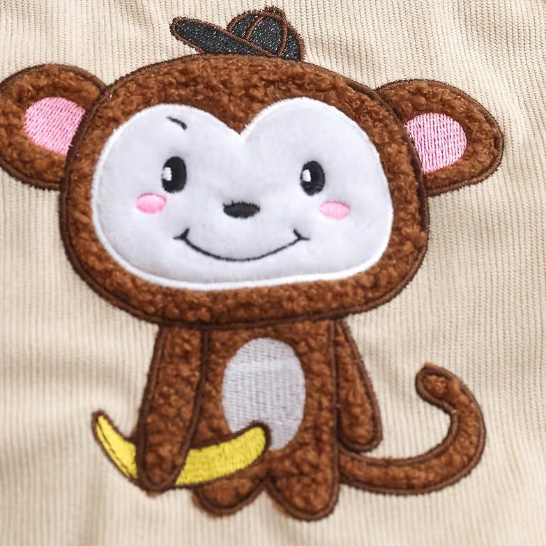2PCS Lovely Monkey Applique Long Sleeve Baby Overalls Set