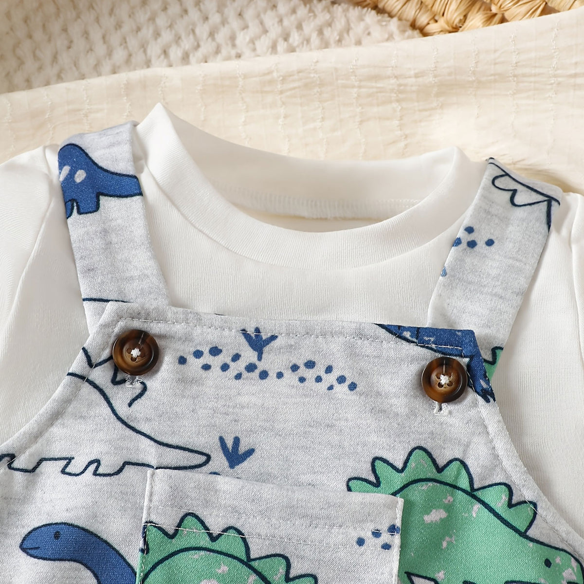 2PCS Cute Dinosaur Print Long Sleeve Baby Boy Overalls Set