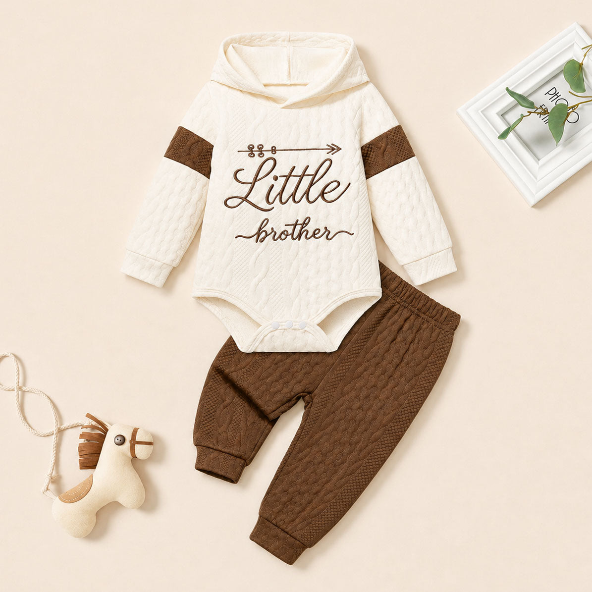 2PCS Little Brother Letter Color Block Hoodie Long Sleeve Baby Set