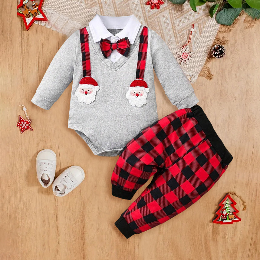 2PCS Santa Claus Plaid Printed Long Sleeve Baby Set