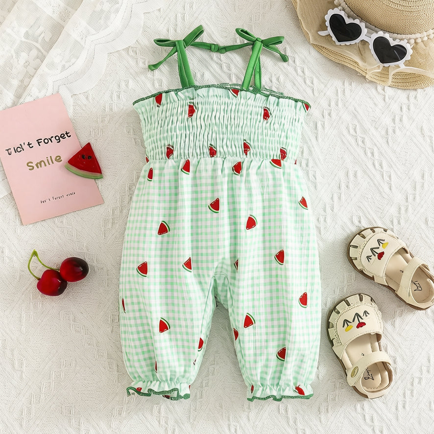 Lovely Watermelon Plaid Print Sleeveless Baby Jumpsuit
