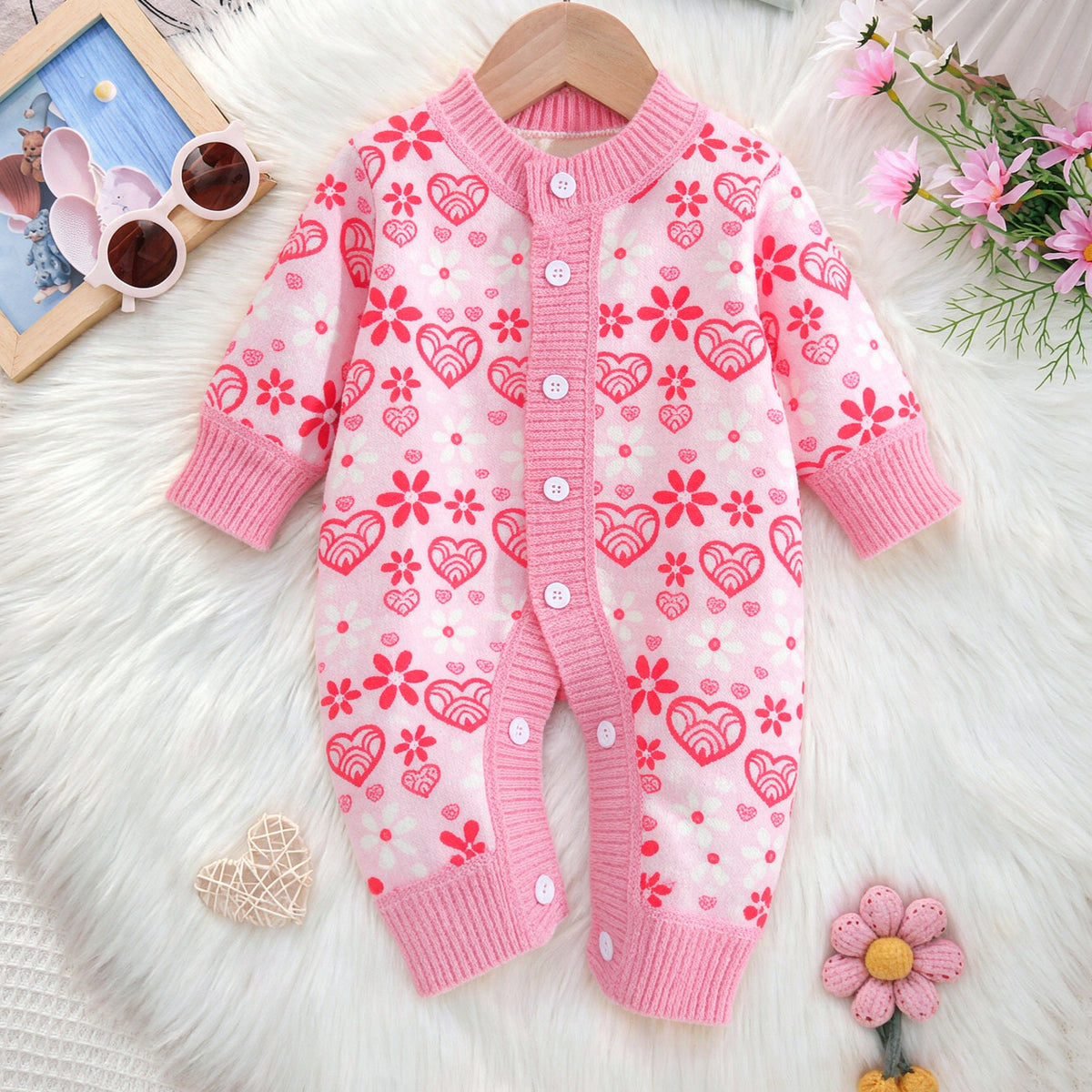 Pretty Heart Floral Print Long Sleeve Knit Baby Girl Jumpsuit