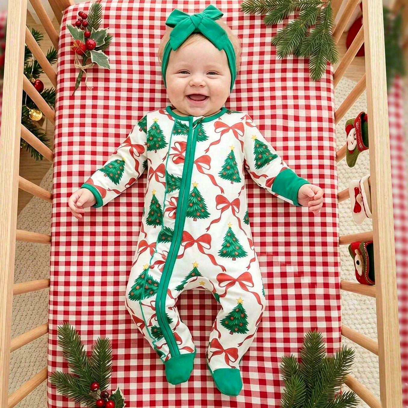 2PCS Christmas Tree Bow Printed Zipper Long Sleeve Baby Jumpsuit