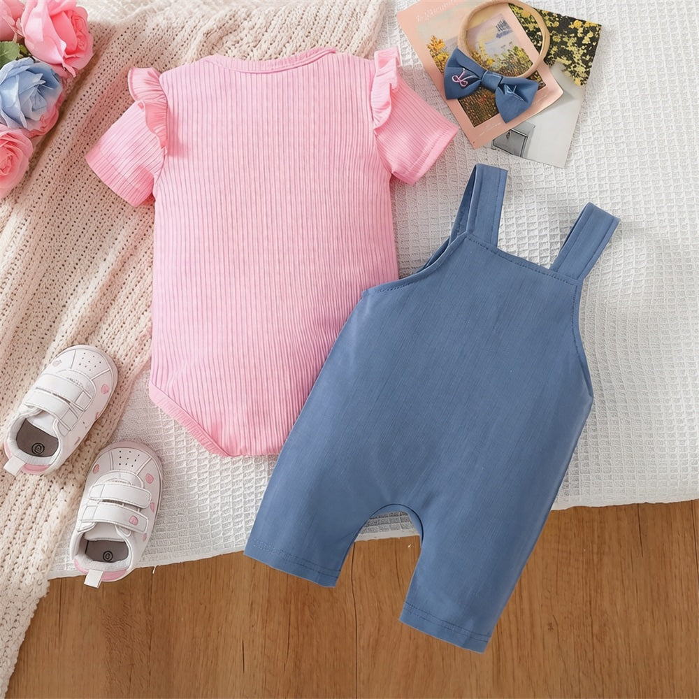 2PCS Adorable Bow Embroidery Short Sleeve Overalls Baby Set