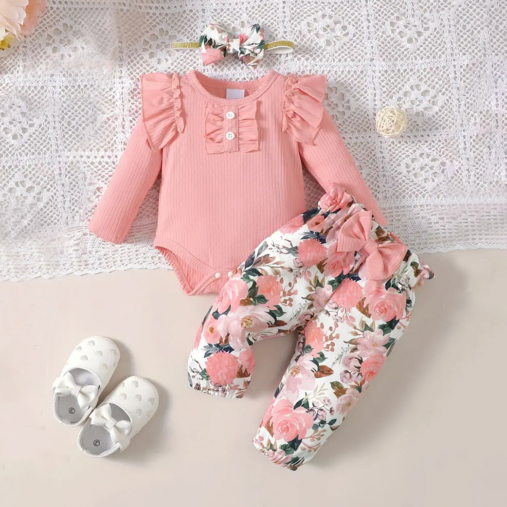 3PCS Elegant Floral Printed Long Sleeve Baby Set