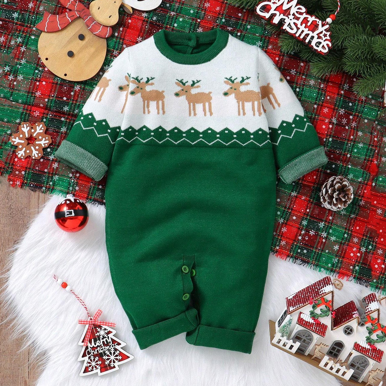 Lovely Deer Printed Knitted Long sleeve Baby Jumpsuit