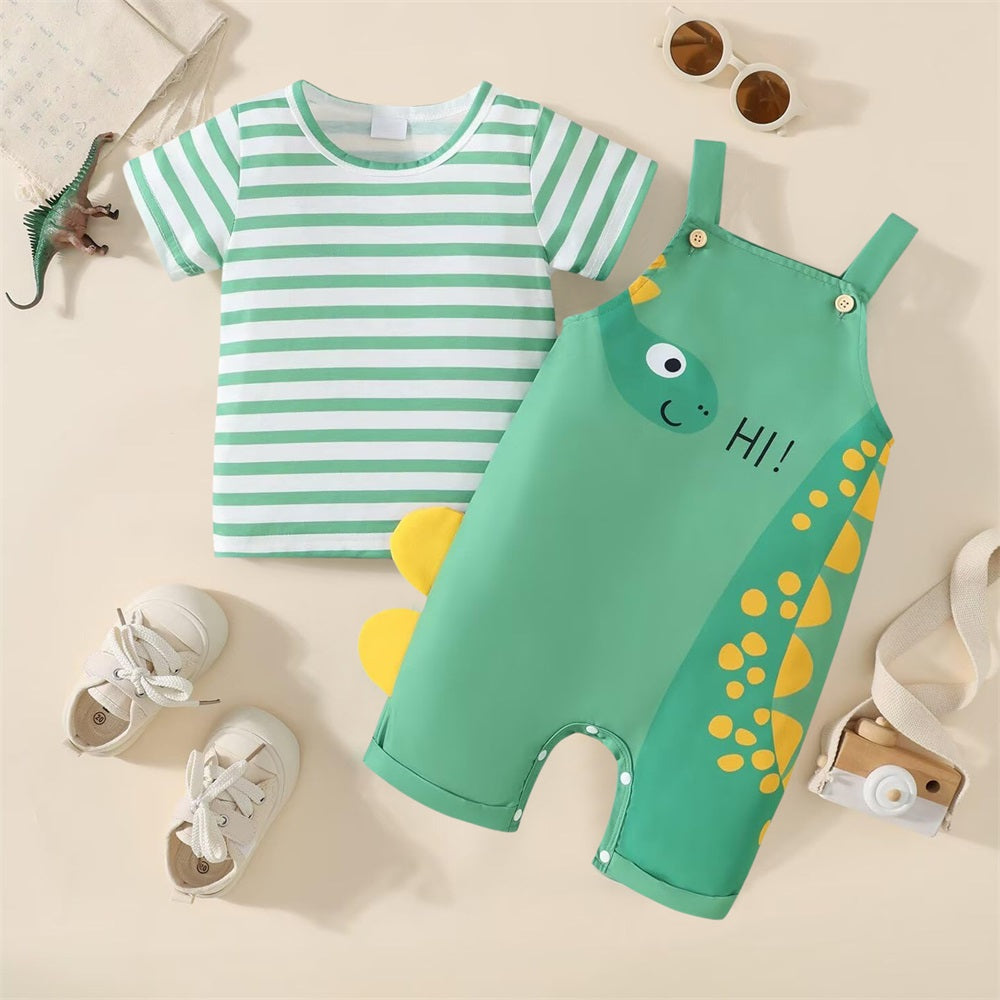 2PCS Summer Cute Dinosaur Printed Short Sleeve Baby Overalls Set