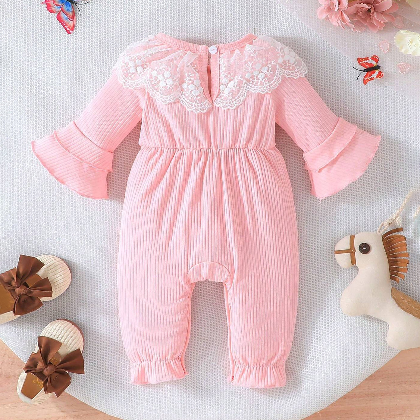 Sweet Solid Color Lace Paneled Bow Puff Sleeve Baby Jumpsuit