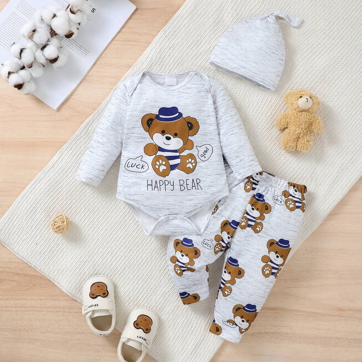 3PCS Hello Bear Letter Teddy Bear Print Long Sleeve Baby Boy Set