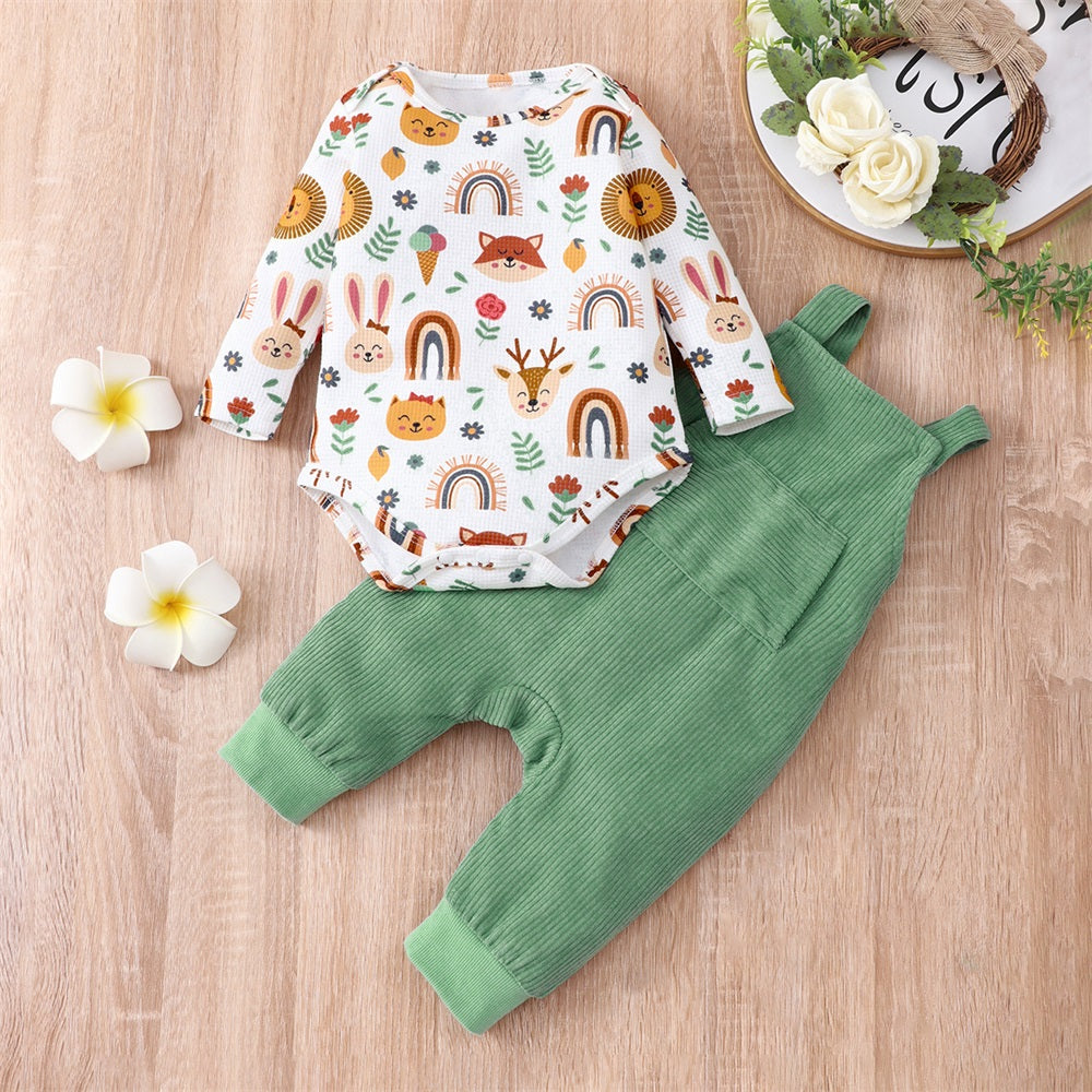 2PCS Casual Cute Animal Print Long Sleeve Baby Overalls Set