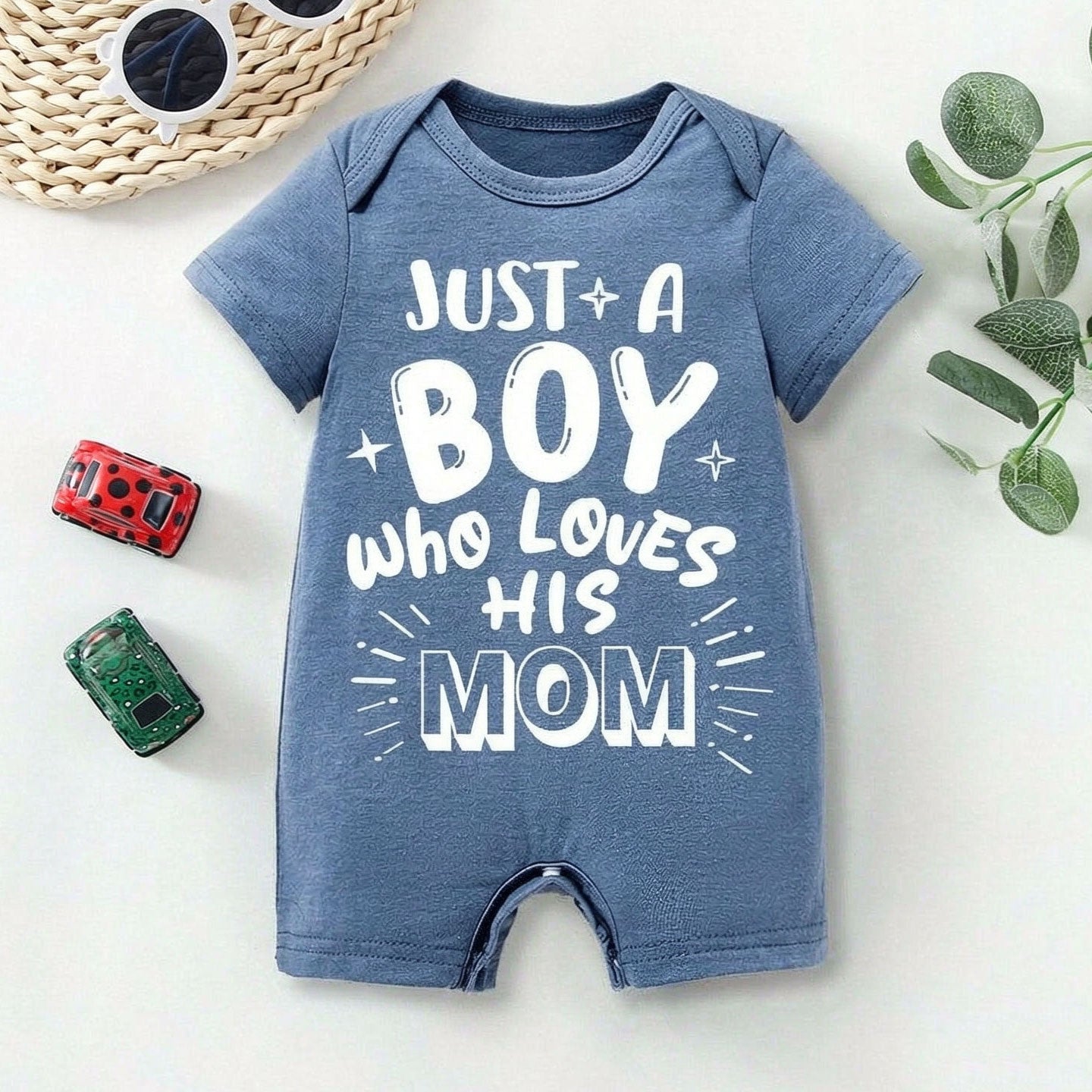 Just A Boy Who Loves His Mom Letter Printed Short Sleeve Baby Jumpsuit