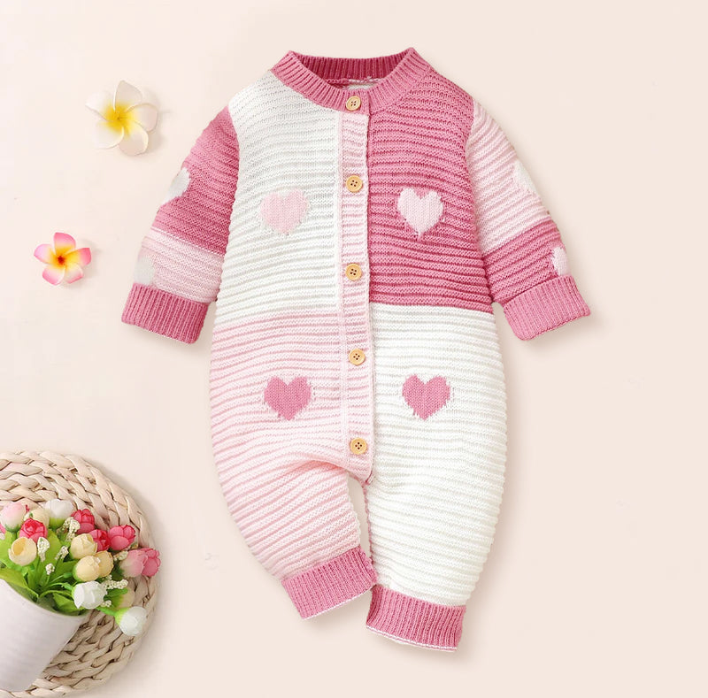 Sweet Heart Printed Knitted Warm Long Sleeve Baby Jumpsuit