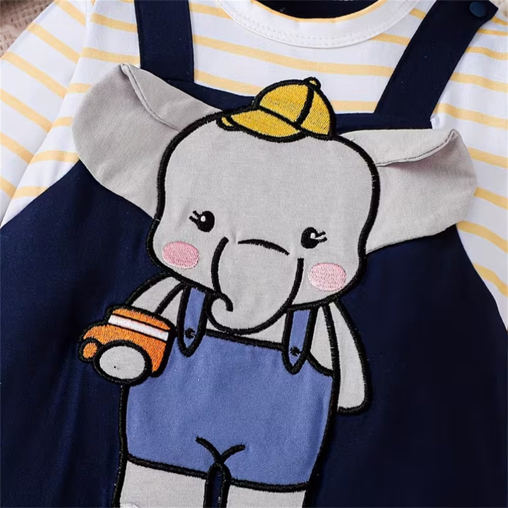 2PCS Cute Elephant Print Striped Long Sleeve Baby Jumpsuit