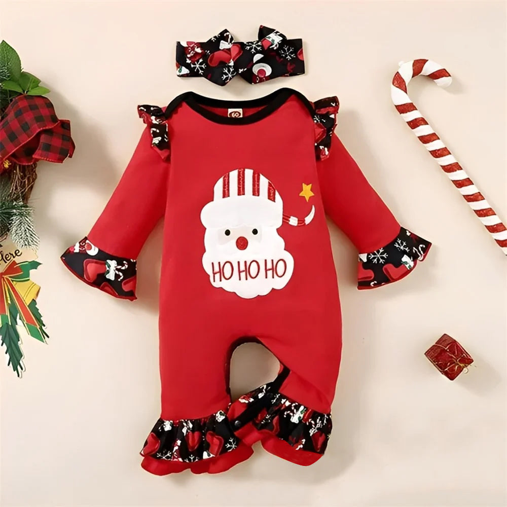 2PCS Santa Claus Print Long Sleeve Baby Jumpsuit