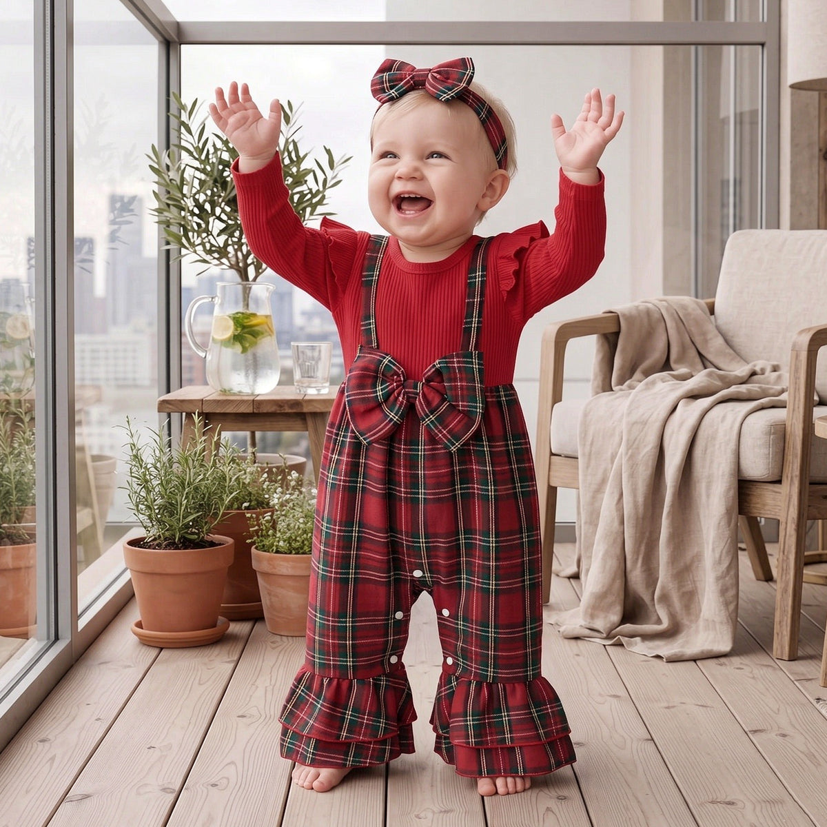 2PCS Pretty Plaid Print Bow Long Sleeve Baby Girl Jumpsuit