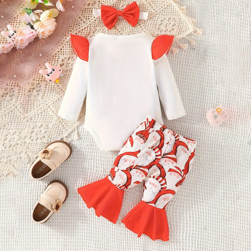 3PCS Merry Christmas Letter Printed Long Sleeve Baby Girl Set
