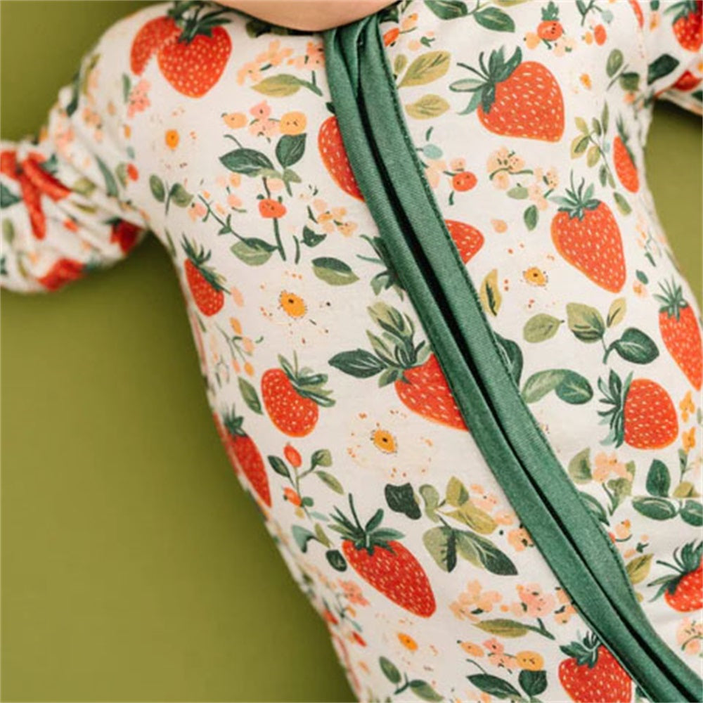 Vintage Strawberry Print Zipper Long Sleeve Baby Jumpsuit