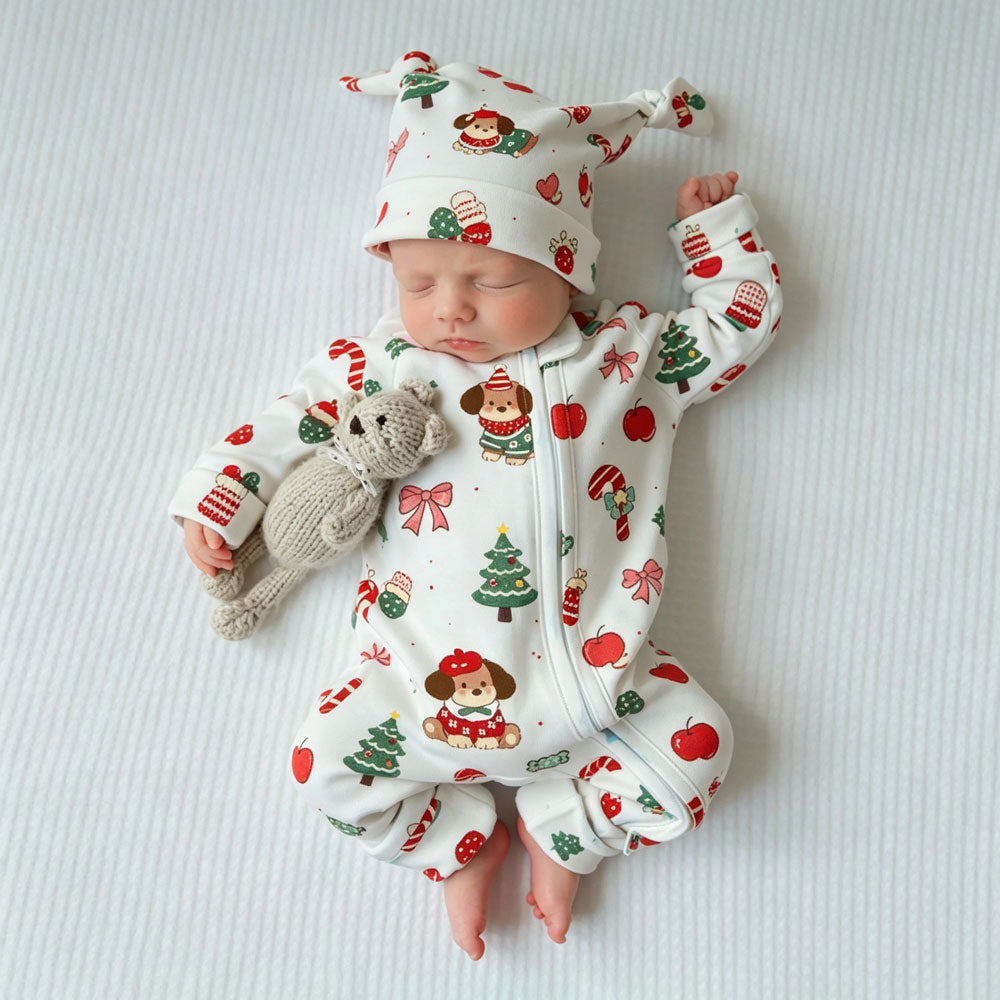 2PCS Christmas Tree Puppy Print Zipper Long Sleeve Baby Jumpsuit