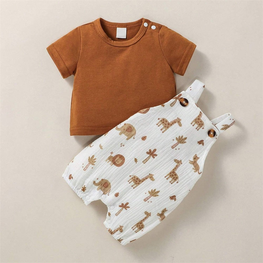 2PCS Summer Adorable Printed Short Sleeve Baby Overalls Set