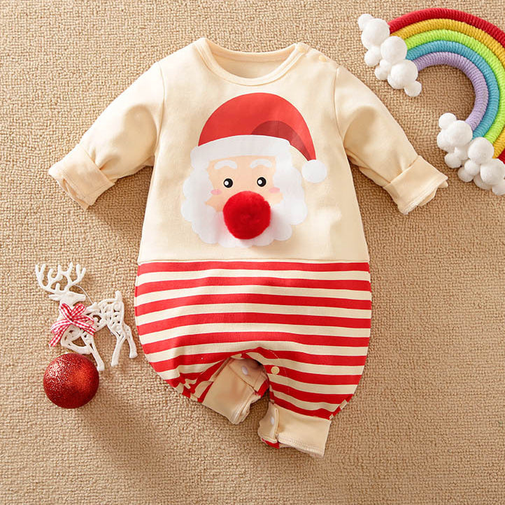 Striped Santa Claus Printed Long Sleeve Baby Jumpsuit