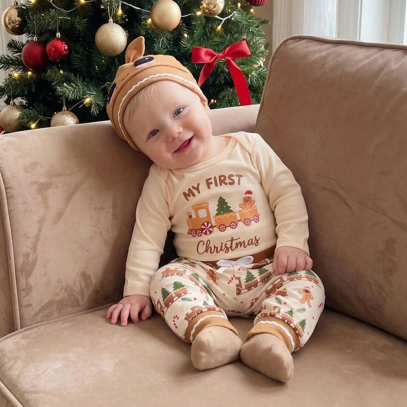 3PCS My First Christmas Letter Gingerbread Printed Long Sleeve Baby Set