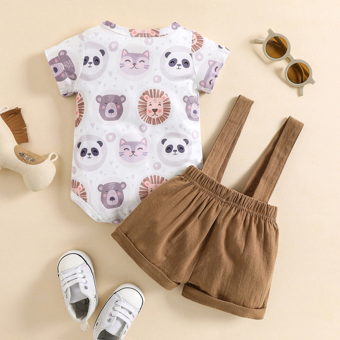 2PCS Animal Print Bow Overalls Baby Set