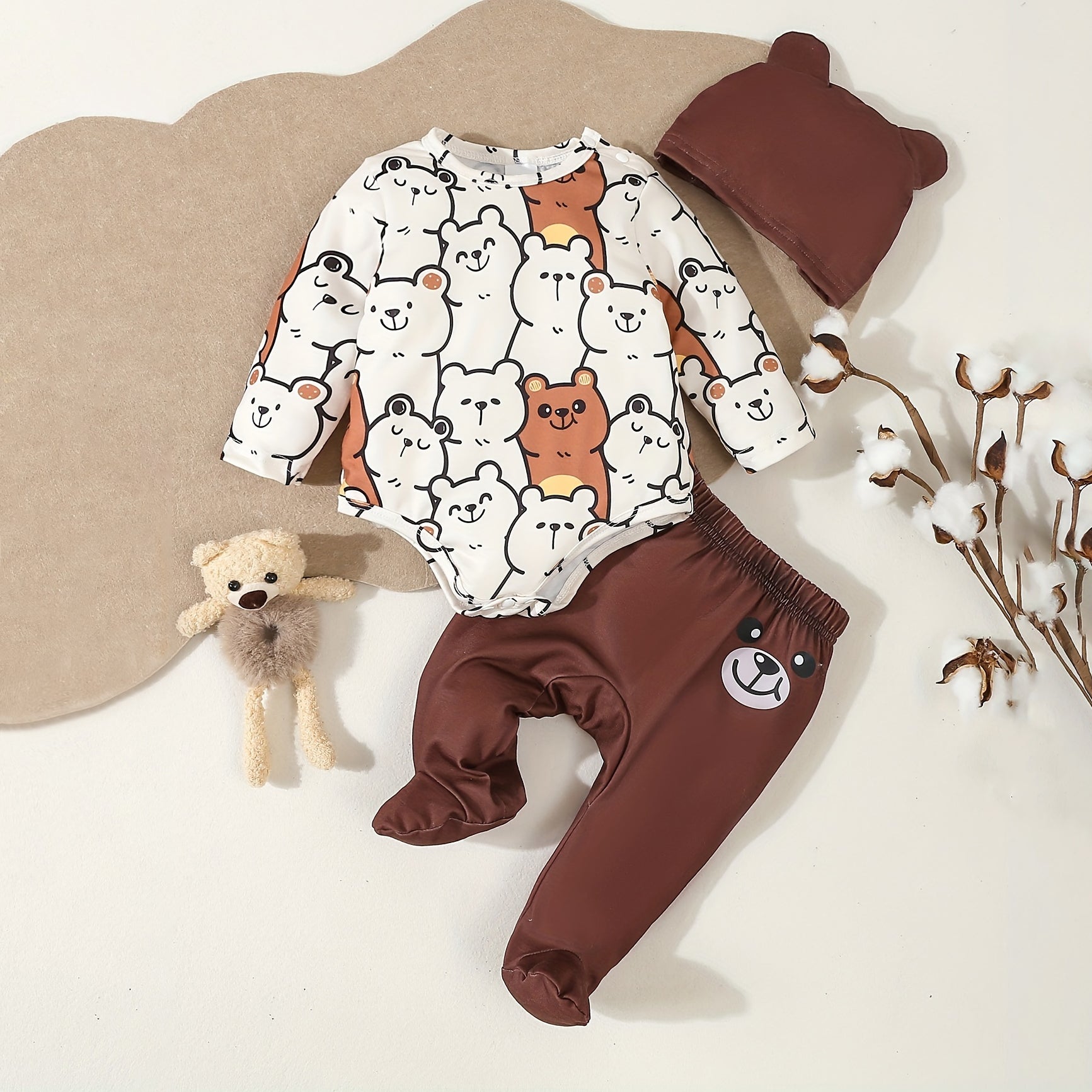 3PCS Adorable Cartoon Bear Printed Long Sleeve Baby Set