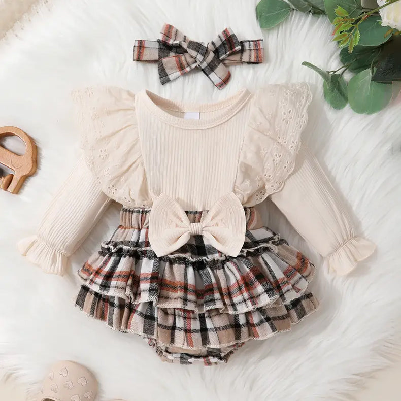 2PCS Stylish Plaid Printed Bow Detail Long Sleeve Baby Romper