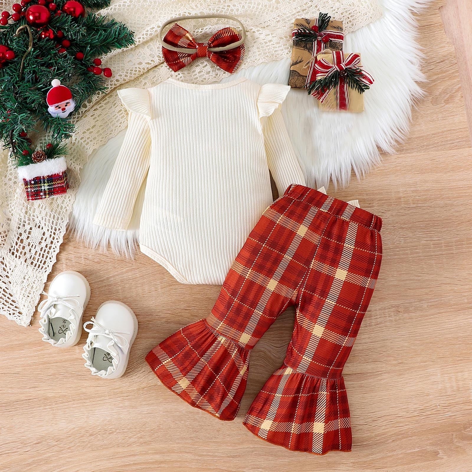 3PCS Christmas Sorry Santa I Drank Milk Letter Plaid Printed Baby Set