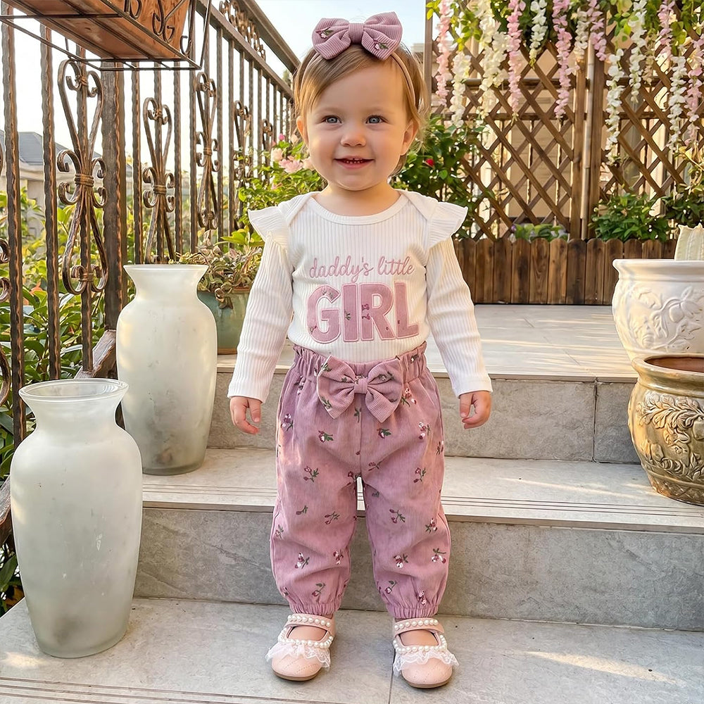 3PCS Refined Daddy's Little Girl Letter Floral Print Baby Set