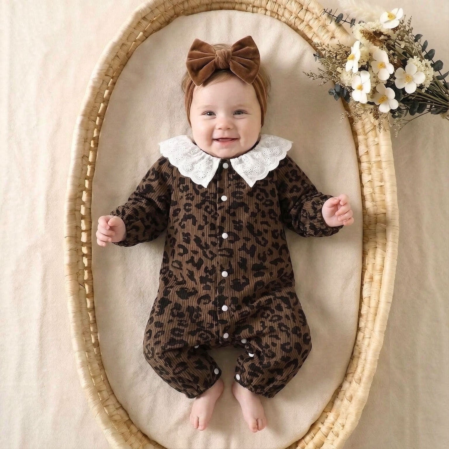 Refined Leopard Print Lace Long Sleeve Baby Girl Jumpsuit