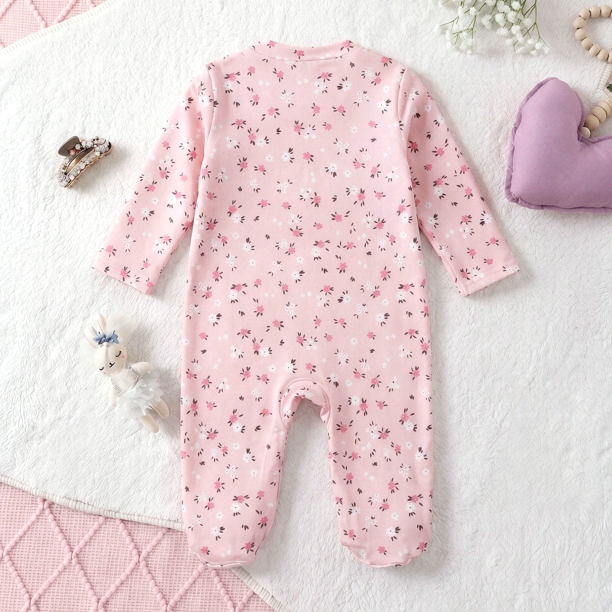 2PCS Bubbly Floral Printed Zipper Long Sleeve Baby Jumpsuit