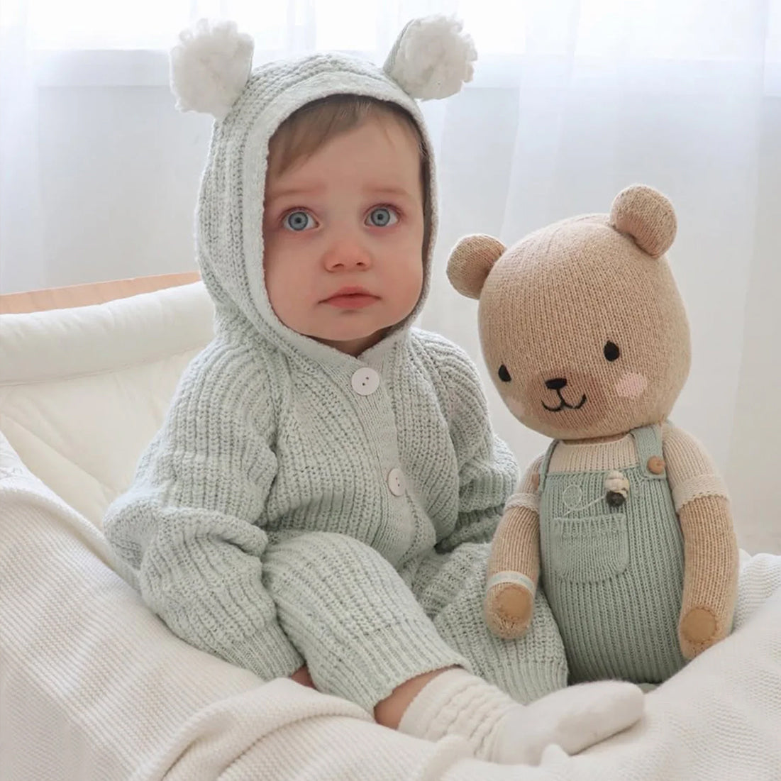 Cozy Solid Color 3D Ear Knit Hooded Long Sleeve Baby Jumpsuit