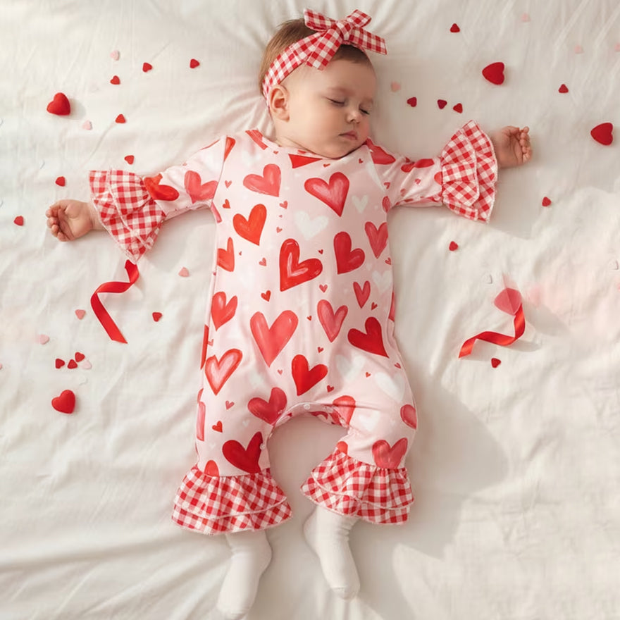 2PCS Heart Plaid Print Long Sleeve Baby Jumpsuit