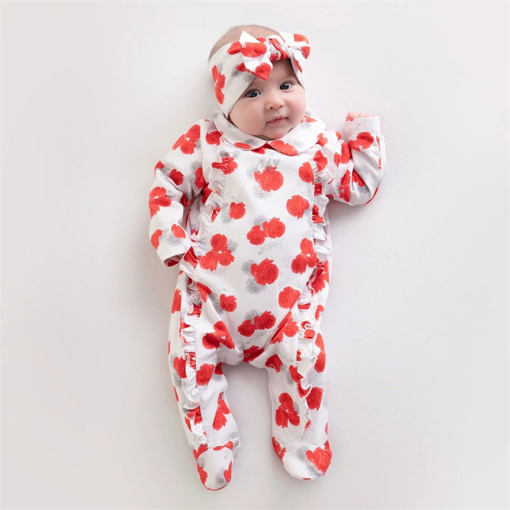 2PCS Floral Print Ruffle Long Sleeve Baby Jumpsuit