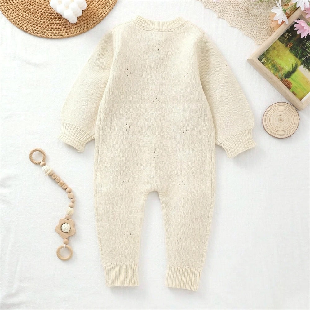 Soft Floral Embroidered Long Sleeve Knitted Baby Jumpsuit